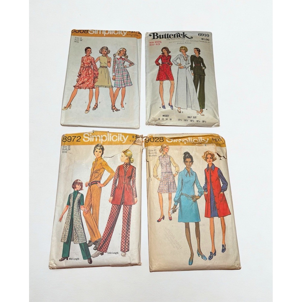 Lot of 4 Vintage 1970s Sewing Patterns Simplicity & Butterick Dress Tunic Pants